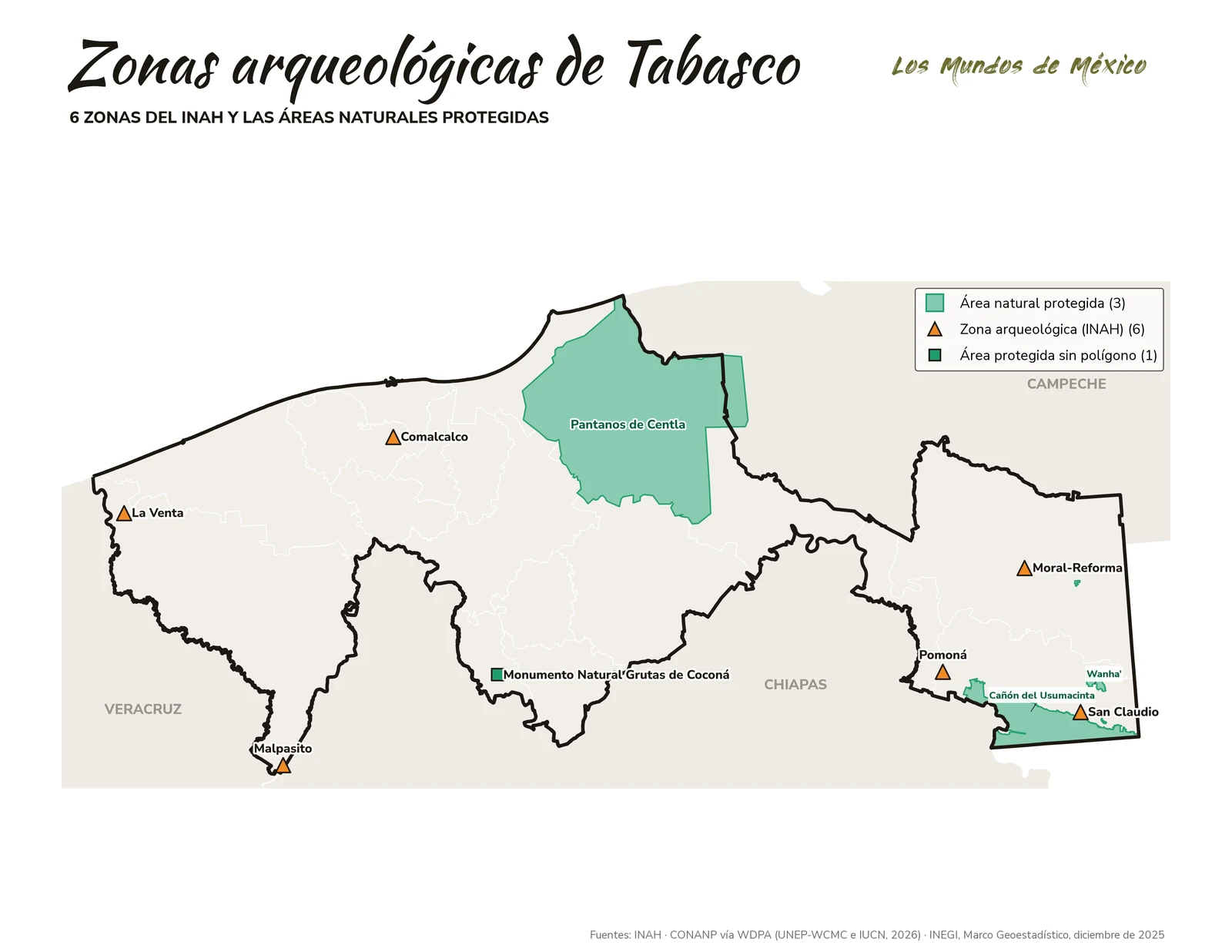 Mapa de zonas arqueológicas y áreas naturales protegidas de Tabasco