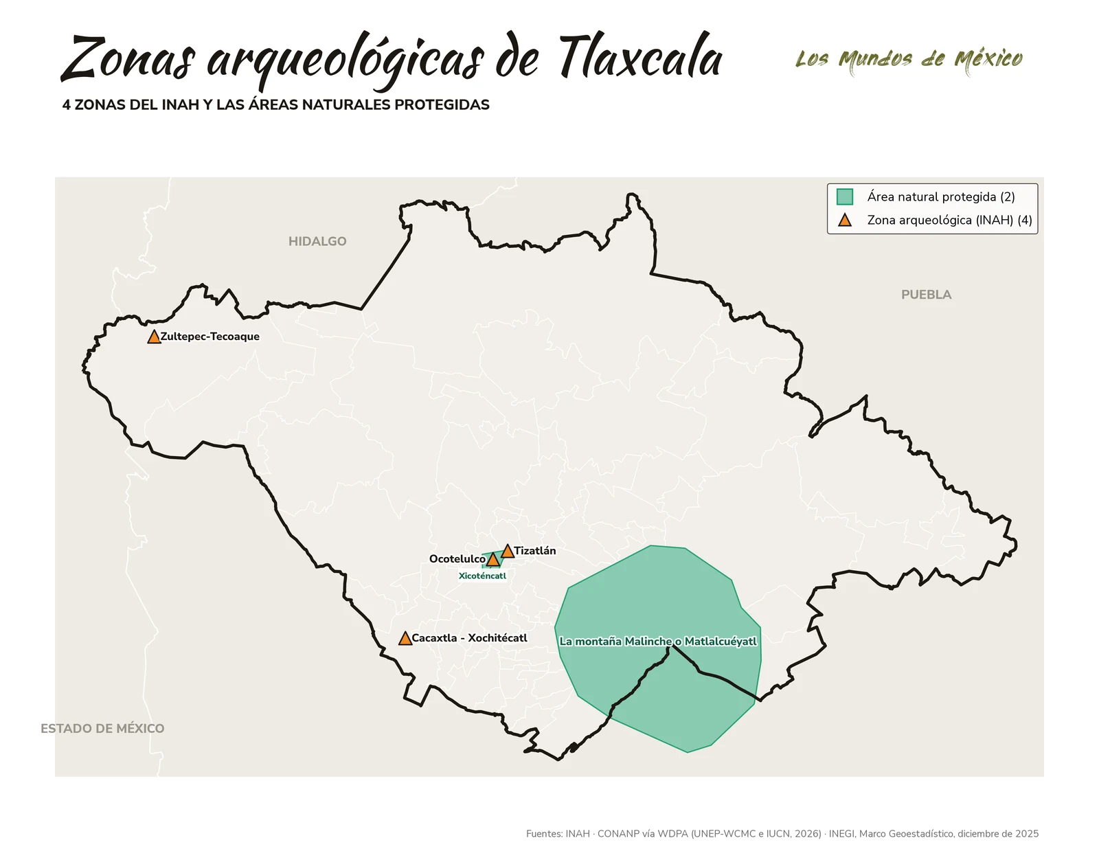 Mapa de zonas arqueológicas y áreas naturales protegidas de Tlaxcala