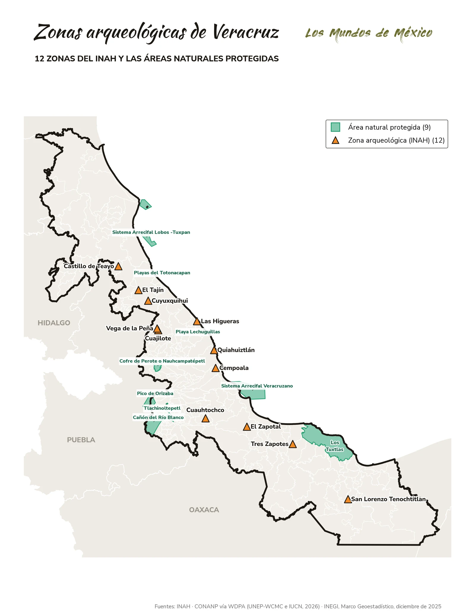 Mapa de zonas arqueológicas y áreas naturales protegidas de Veracruz de Ignacio de la Llave