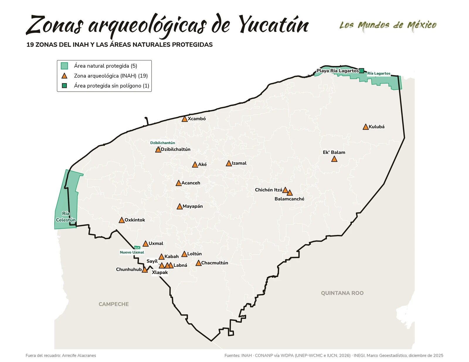 Mapa de zonas arqueológicas y áreas naturales protegidas de Yucatán