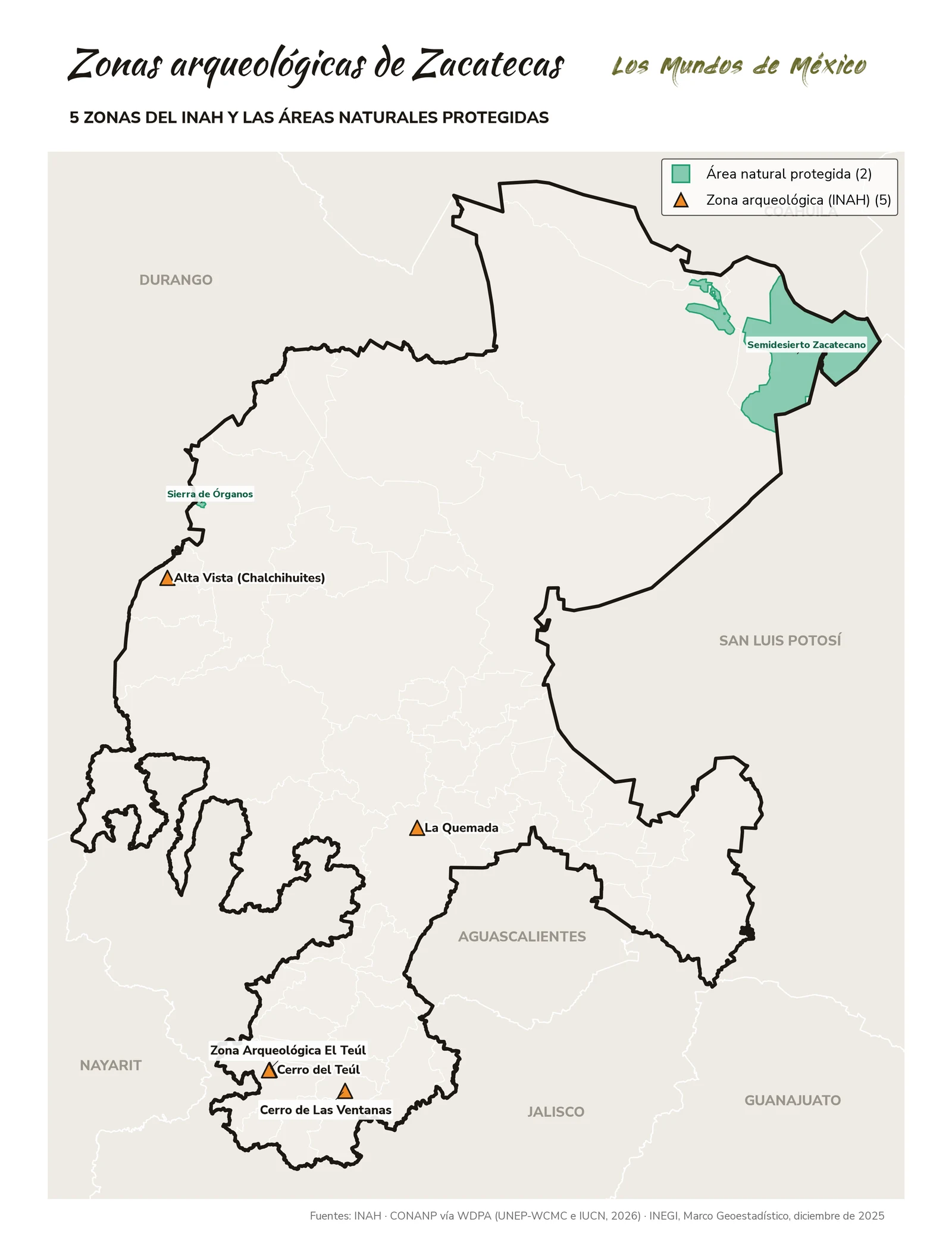 Mapa de zonas arqueológicas y áreas naturales protegidas de Zacatecas