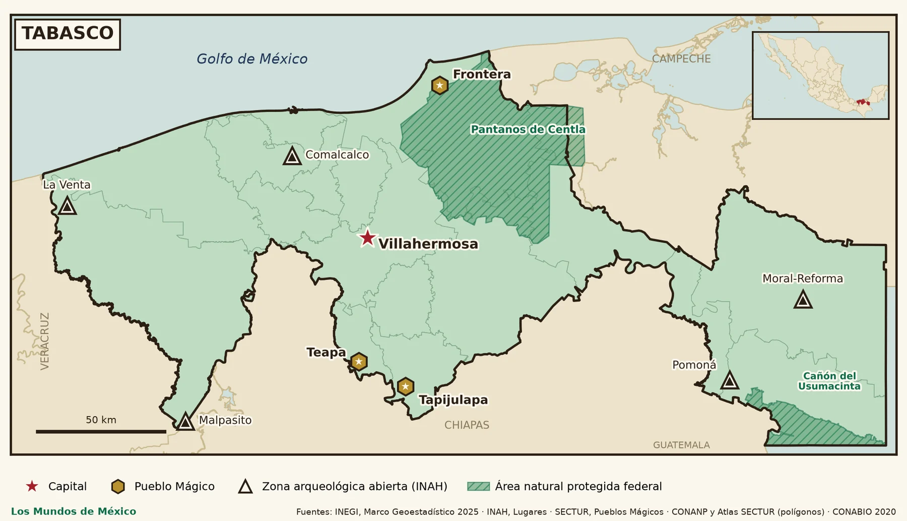 Mapa de Tabasco con Villahermosa, los Pueblos Mágicos Tapijulapa, Teapa y Frontera, cinco zonas arqueológicas abiertas y las áreas protegidas de Centla y el Usumacinta.