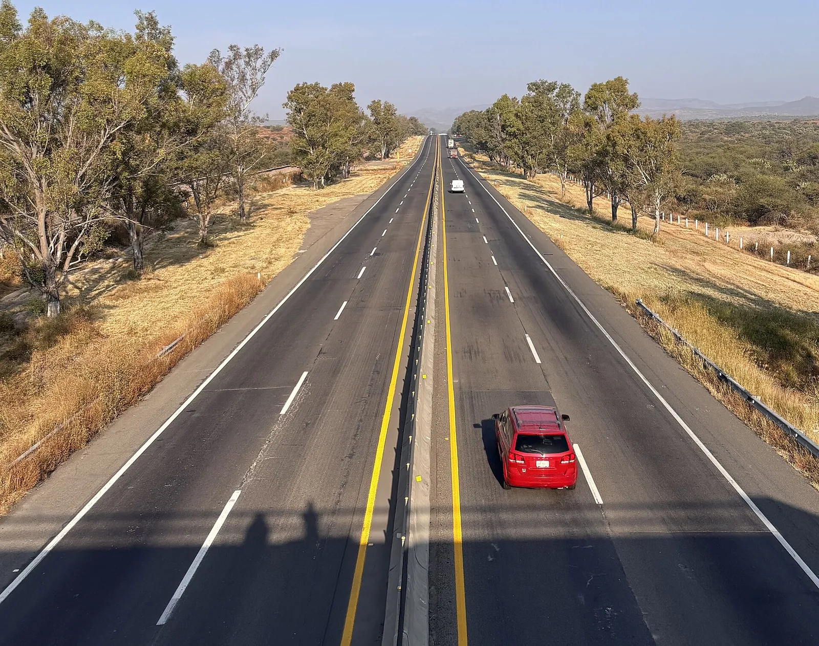 Autopista de cuatro carriles con camellón entre árboles y pastizal seco, cerca de Lagos de Moreno, Jalisco